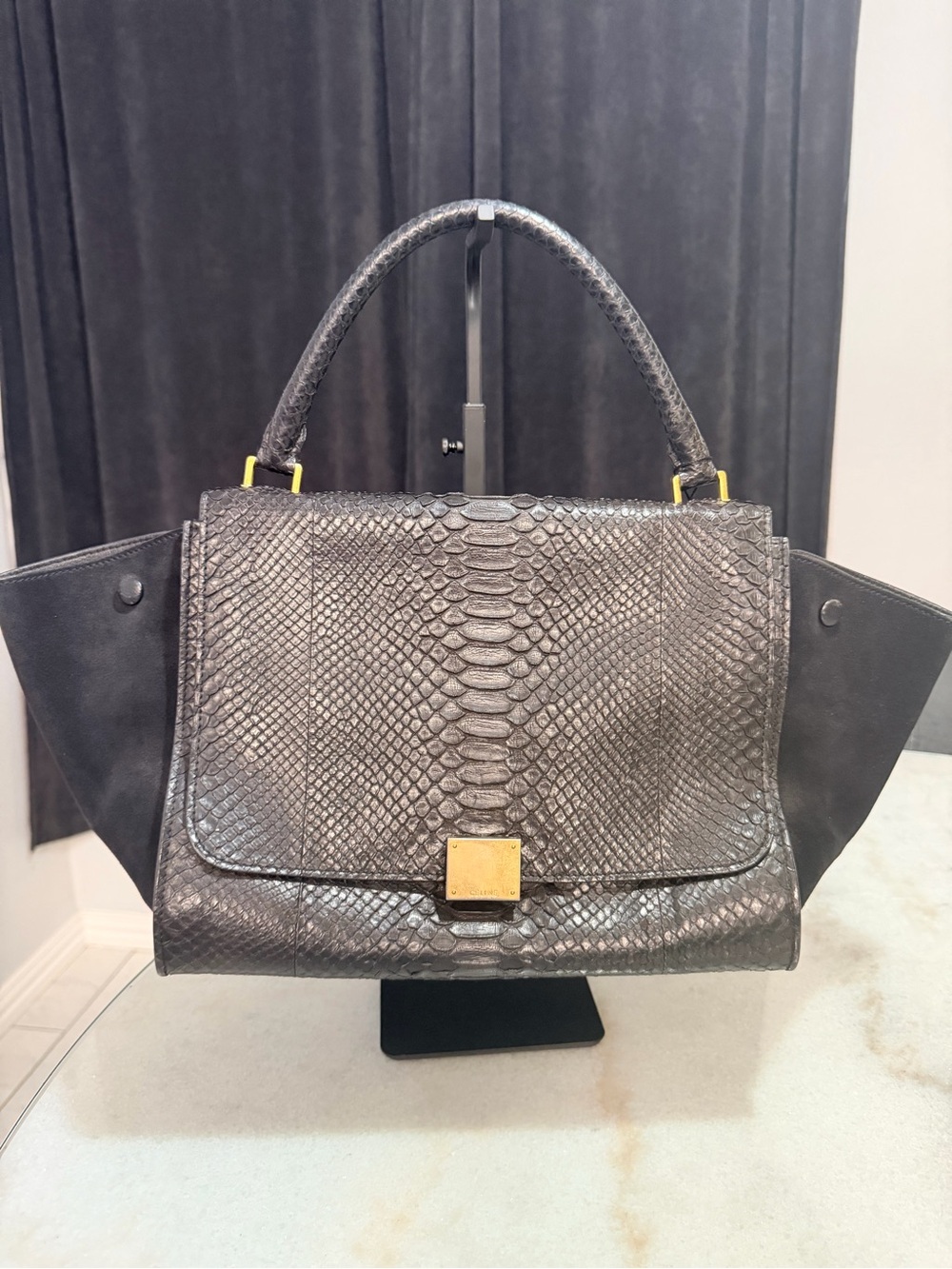 Celine Black Python-Embossed Top Handle Bag with Gold Accent